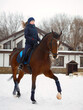 Equestrian country girl riding her bay horse in winter.