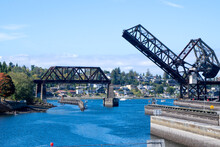 Seattle, WA - USA - Sept. 23, 2021: View Of Salmon Bay Bridge, Also Known As Bridge No. 4, A Strauss Heel-trunnion Single-leaf Bascule Bridge. Located West Of The Hiram M. Chittenden Locks.
