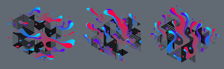 Fluids colorful liquid shapes with geometric lines in motion vector abstract graphic design elements set, dynamic modern art flowing and changing forms, gradients lava bubbles collection.
