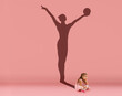 © master1305 - Conceptual image with kid, little girl and shadow of female gymnast on studio pink wall. Dreams about sport career