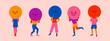 Playful people holding large circles with faces instead of heads. Big round colorful heads with various Emotions. Different mood concept. Hand drawn Vector illustration. Every person is isolated