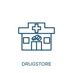 drugstore icon. Thin linear drugstore outline icon isolated on white background. Line vector drugstore sign, symbol for web and mobile.