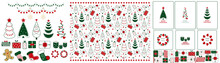 Set New Year Decorations, Red And Green, Pattern And Stickers, Happy New Year Cards, Gifts