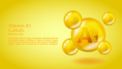 Wall Mural - 3D Vitamin molecule A1 Retinoic acid design. Realistic A1 Retinoic acid Vitamin drop. Yellow nutrition complex illustration.