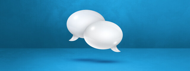 White speech bubbles on blue banner background