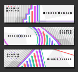 Wall Mural - Vector Headers Set, 3 colorful layouts with decorative design curves with copy space for ad text, creative header templates for advertising, horizontal promo concepts with white striped background