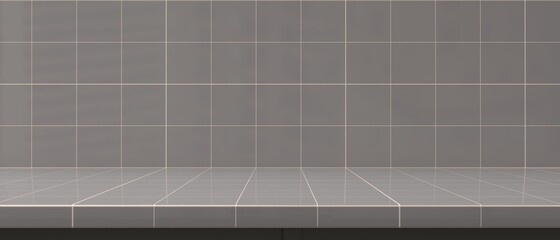 Bathroom tiled counter and wall background. Empty self. Grey tiles square pattern. 3d illustration