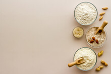 Gluten Free Flour For Baking - Nuts And Grains Flour In Many Bowls