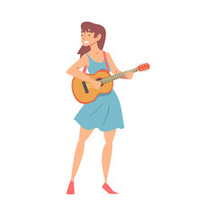 Poster - Smiling Woman Character Musician Performing Music Playing Guitar Vector Illustration