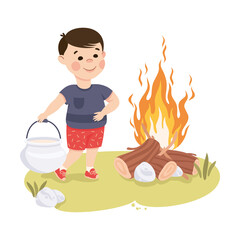 Sticker - Little Boy Near Campfire Carrying Cauldron with Water Vector Illustration