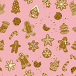 Seamless pattern with bunch of hand drawn holiday cookies. Christmas tree, toy, star, snowflake, gingerbread man, house, sock. Background for Christmas cookie recipe, blog, bakery or holiday card.