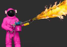 Astronaut Is Holding A Flamethrower Is On Fire Close Up View