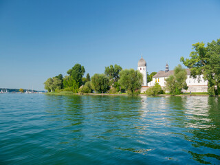 Poster - Monastery Frauenworth on the island Fraueninsel. Lake Chiemsee in the Chiemgau. The foothills of the Bavarian Alps in Upper Bavaria, Germany