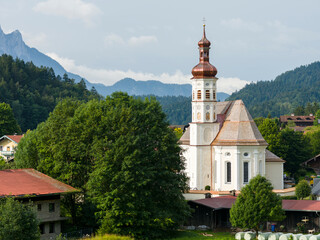 Sticker - Church Sankt Michael. Village Sachrang in the Chiemgau in the Bavarian alps. Europe, Germany, Bavaria