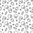 Vector seamless pattern with sweets. Linear illustration of sweets, cupcakes, cups in cartoon style