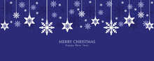 Xmas Banner With Hanging Snowflakes And Falling Blue Flakes. Vector Design Of Winter Holiday Background. Merry Christmas Greeting Card.