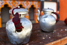 Tea Pots Made Of Steel In A Bhutanese Monastery (dzong) In The Buddhist Kingdom Of Bhutan, Asia