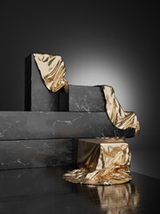 Wall Mural - 3D podium, marble display set. Copy space black background. Cosmetic or beauty product promotion mockup. Luxury stone step pedestal. Minimalist banner with gold cloth 3D render illustration.	