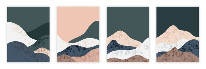 Wall Mural - Abstract art background. Set of images with mountains in minimalistic style. Collection of paintings for home decoration, shape. Cartoon flat vector illustrations isolated on white background