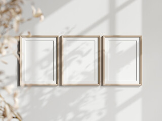 three vertical frames on the wall, boho interior mockup, poster mockup