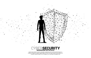 Poster - Vector Silhouette of businessman with Protection shield icon from dot connect line polygon network. concept of guard security and safety