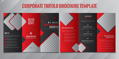 Wall Mural - Tri fold brochure design. Corporate business template for tri fold flyer with rhombus square shapes. Corporate Tri-Fold Brochure Design Template. Red , Black, White Colors. Mockup Tri fold brochure.
