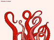 Red octopus tentacles reaching upwards, squid-like marine animal body parts protruding from out of frame, cut for food or frame design, cartoon sketch vector illustration. 