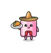 marshmallow Mexican chef mascot holding a taco.