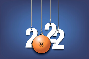 Numbers 2022 and ping-pong ball as a Christmas decorations are hanging on strings. New Year 2022 are hang on cords. Template design for greeting card. Vector illustration on isolated background