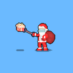 Wall Mural - Pixel art santa claus character giving a gift pandemic edition.