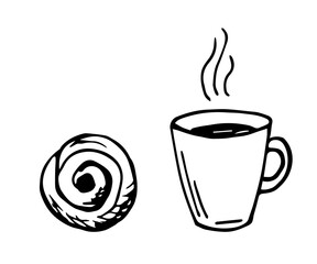 Simple vector black outline drawing. Traditional Swedish pastries, coffee and bun. Ink sketch. Food and hot drinks.