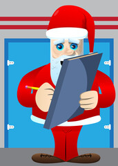 Wall Mural - Santa Claus in his red clothes with white beard writing on a books cover. Vector cartoon character illustration.