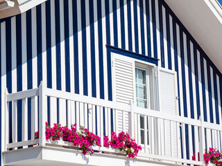 Poster - Portugal, Costa Nova. Colorful houses Palheiros striped homes