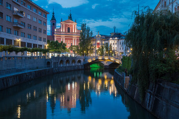 Sticker - Europe, Slovenia, Ljubljana. City scenic at twilight.