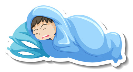 Sticker - A fever boy shivering in blanket