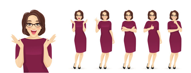 Wall Mural - Elegant mature business woman in different poses set. Various gestures surprised, thinking, standing with crossed hands, showing thumb up and ok sign isolated vector ilustration