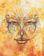 Aufkleber - mystic face with floral ornament. Drawing on paper, Color effect.