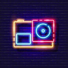 Wall Mural - Action camera neon sign. Vector illustration for design. Photography concept. Travel gadget.