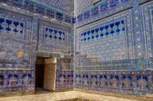 Close-up View Of Details Of Wall Tiles In Ceremonial Hall Of Former Khan's Palace Tash-Khauli, Khiva, Uzbekistan. Patterns Are Made In Blue And White Colors In Best Traditions Of Khorezm Masters