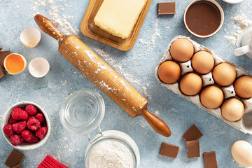 Poster - Ingredients for cooking raspberries and chocolate pie top view. Bakery background