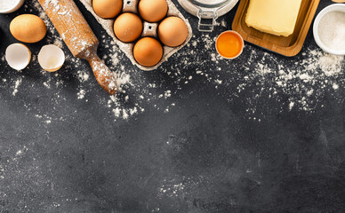 Poster - Ingredients for cooking pie with copy space. Bakery background top view