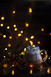 Mug with cocoa on the background of Christmas lights