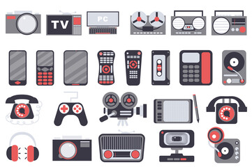 Aufkleber - Gadgets isolated elements set. Collection of photo camera, tv, computer, tape recorder, radio, smartphone and other. Electronic device shop compositions. Vector illustration in flat cartoon design