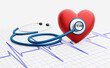 Stethoscope and red heart with electrocardiogram.  ECG and medical tool. 3d rendered illustration.  