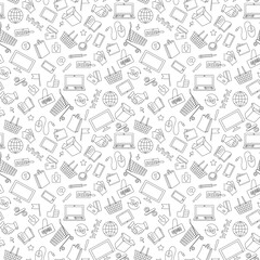 Seamless pattern on the theme of online shopping and Internet shops, dark contour icons on white background