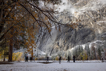 Sticker - Swinging Bridge. Autumn first snow in Yosemite National Park, California, USA.