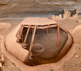 Sticker - USA, Colorado. Mesa Verde National Park, Reconstructed Pit House, a basketmaker site, at Step House Ruin on Wetherill Mesa.