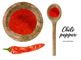 Watercolor fresh and dry red hot chili pepper in wooden bowl and spoon. Kitchen spices and herbs set.