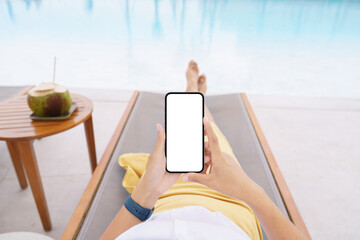 Poster - woman lie down on pool bed using phone white screen