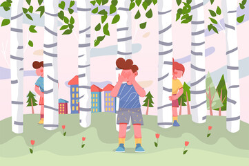 Kids playing at children playground in birches background. Boys and girl playing hide and seek outdoors. Nature scenery with trees and buildings at park. Vector illustration in flat cartoon design